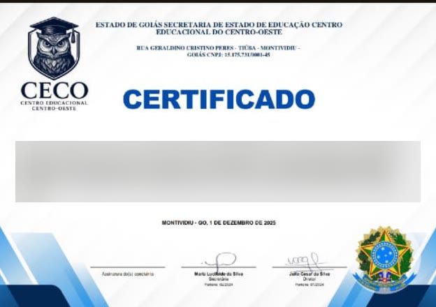 Certificado de conclusão emitido pelo Centro Educacional Centro-Oeste