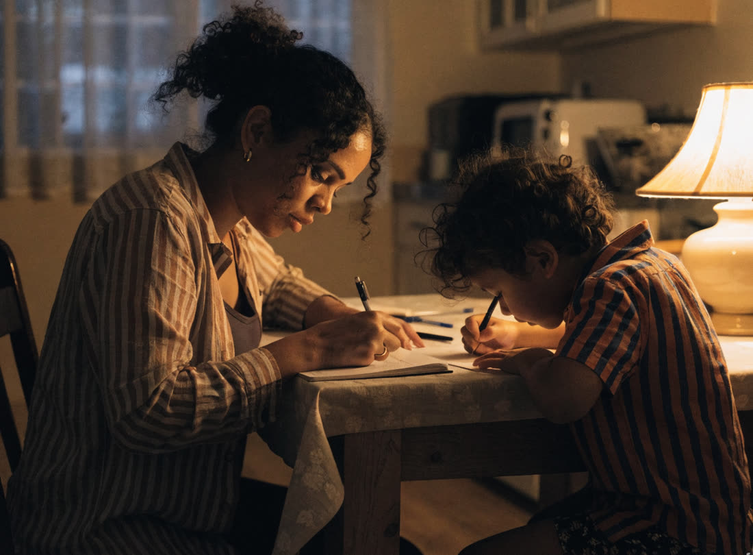 Mãe estudando na mesa da sala à noite enquanto o filho faz a lição ao lado